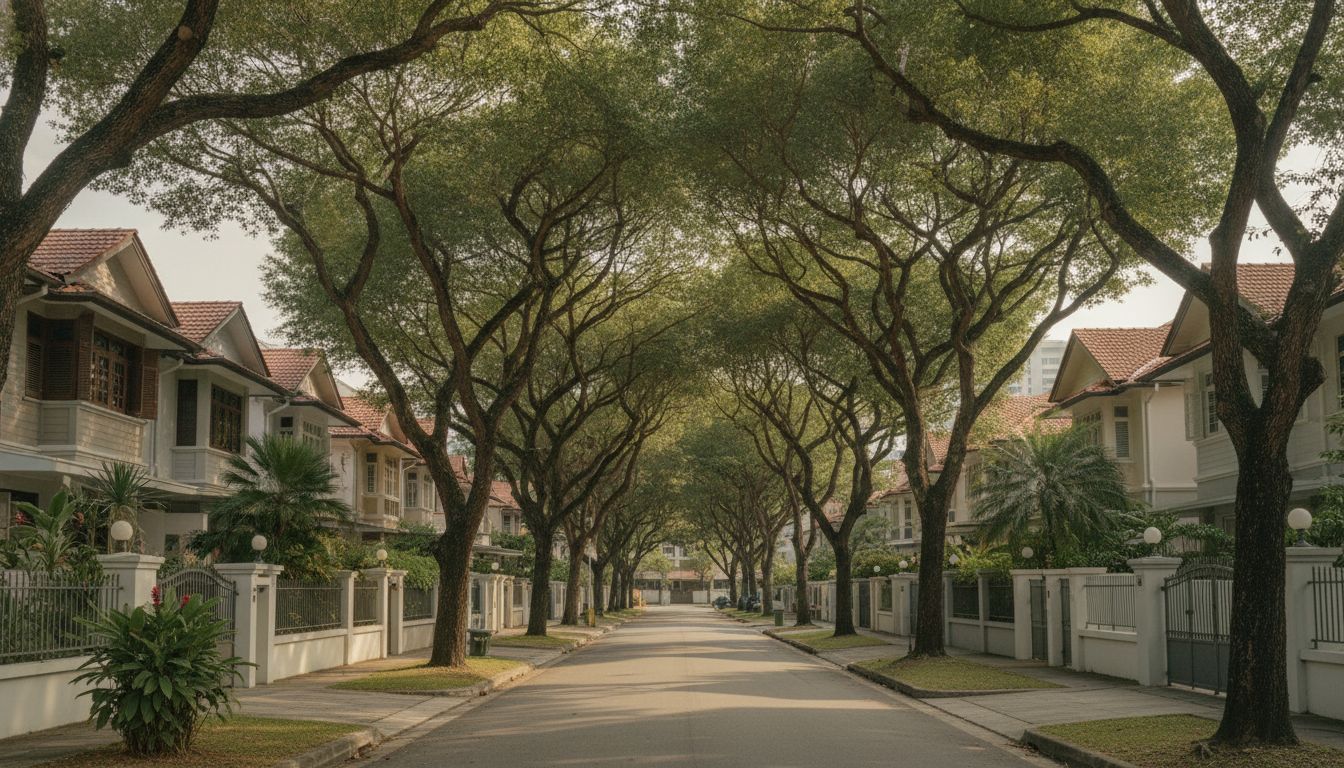 Tree-lined landed homes in Singapore District 16.